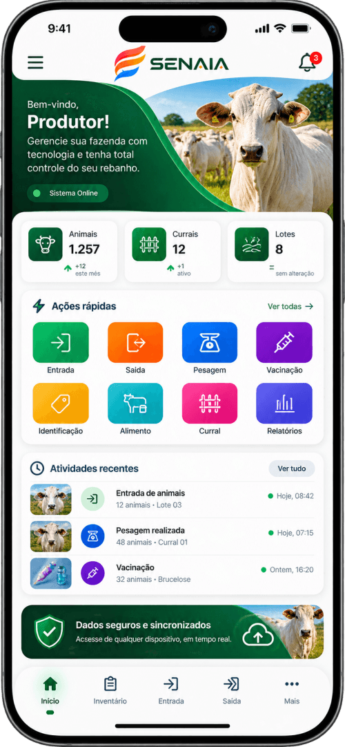 Inicio: resumen del rebaño, accesos rápidos y actividad reciente.